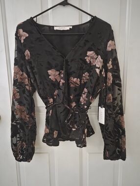 Astr Black Floral Wrap Blouse Large